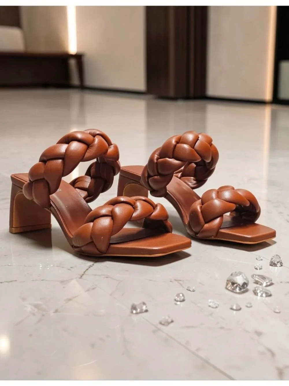 Braided Brown Block Heel Sandals With Square Toe Womens Stylish Open-Toe Slip-On - Picture 8 of 12